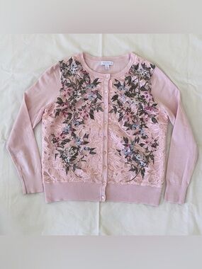 Charter Club Pink Floral Front Knit Crewneck Cardigan Medium Feminine Balletcore